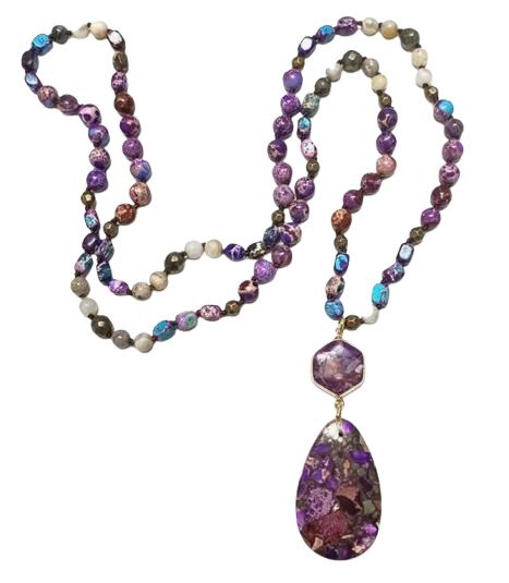 Natural Stone Beaded Long Pendant Necklace