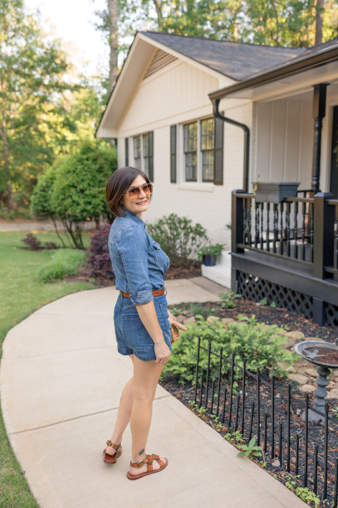 shorts, chambray, tank top, sandals, straw clutch, sunglasses