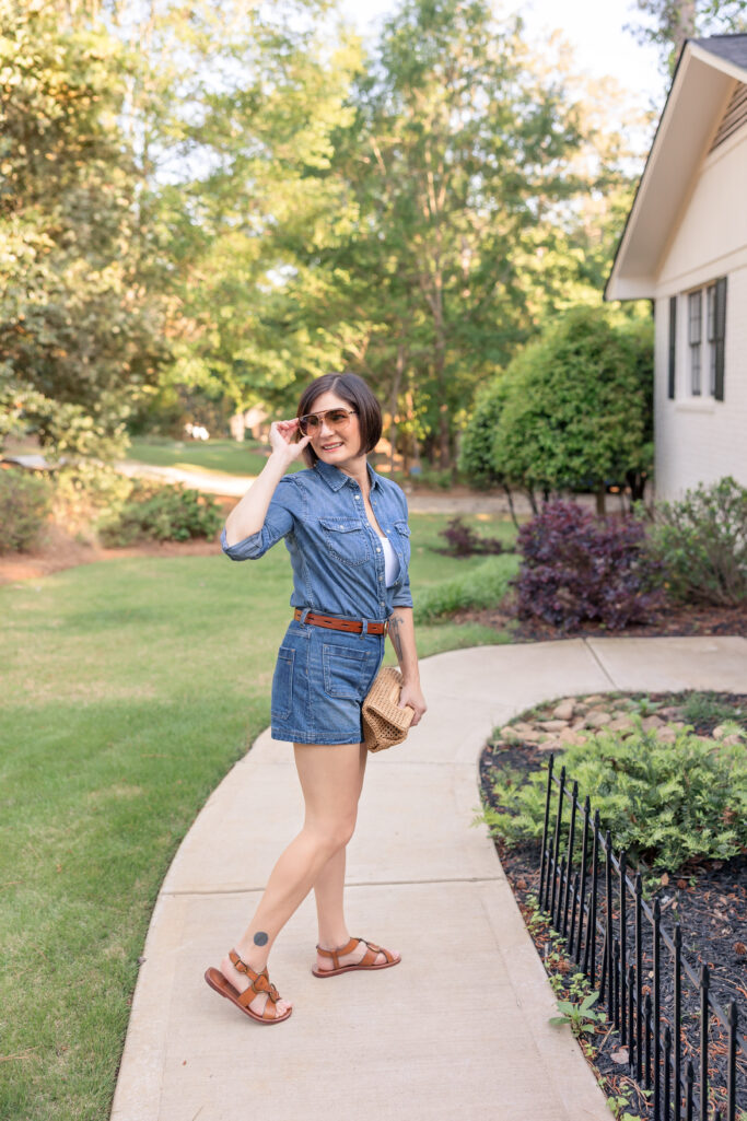 shorts, chambray, tank top, sandals, straw clutch, sunglasses