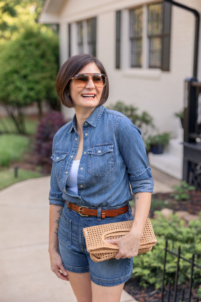 shorts, chambray, tank top, sandals, straw clutch, sunglasses