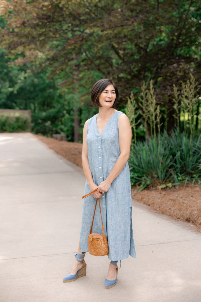 Woven Bag, Espadrille Wedges, Linen Dress, Petite Summer Style