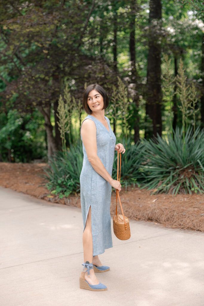 Woven Bag, Espadrille Wedges, Linen Dress, Petite Summer Style