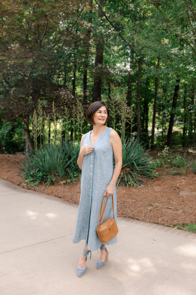 Woven Bag, Espadrille Wedges, Linen Dress, Petite Summer Style