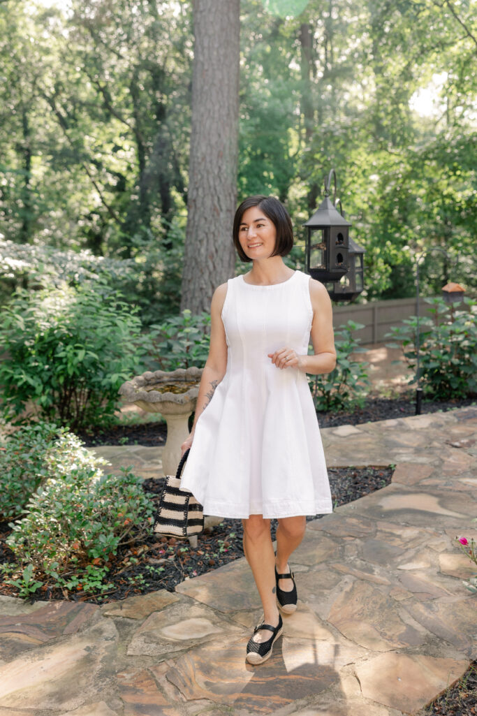 summer style, summer dress, petite fashion, white denim, striped bag, perfect shoes
