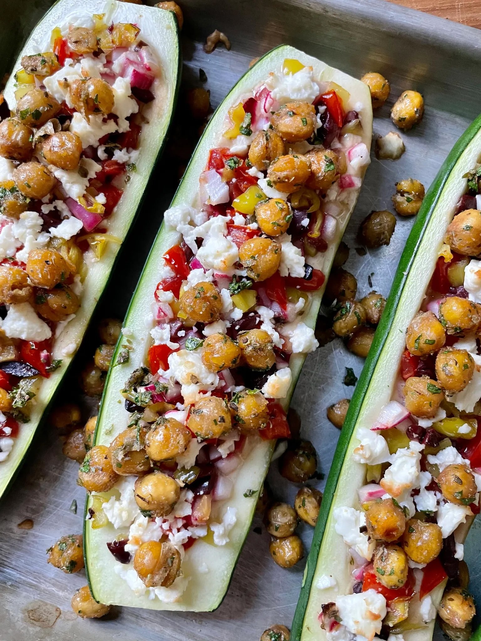 Mediterranean Stuffed Zucchini with Crispy Chickpeas