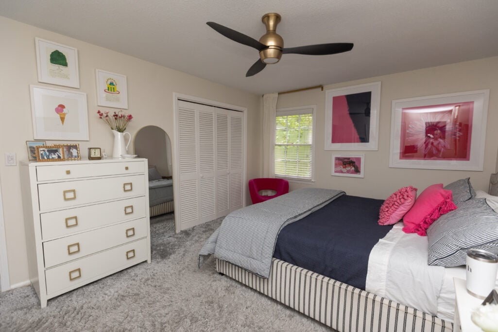White dresser and lamp with framed art—decor after widowhood