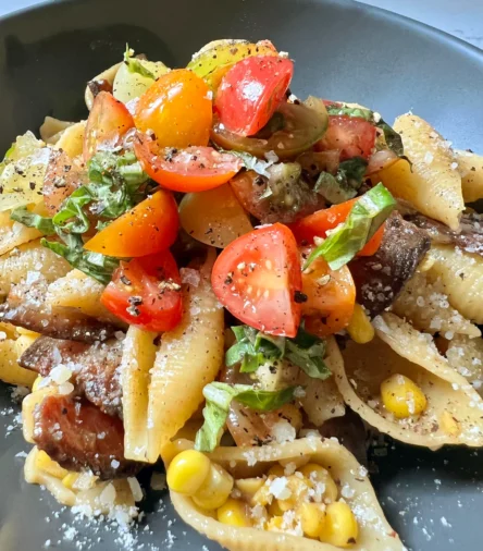 Bacon & Corn Pasta with Tomato Salad