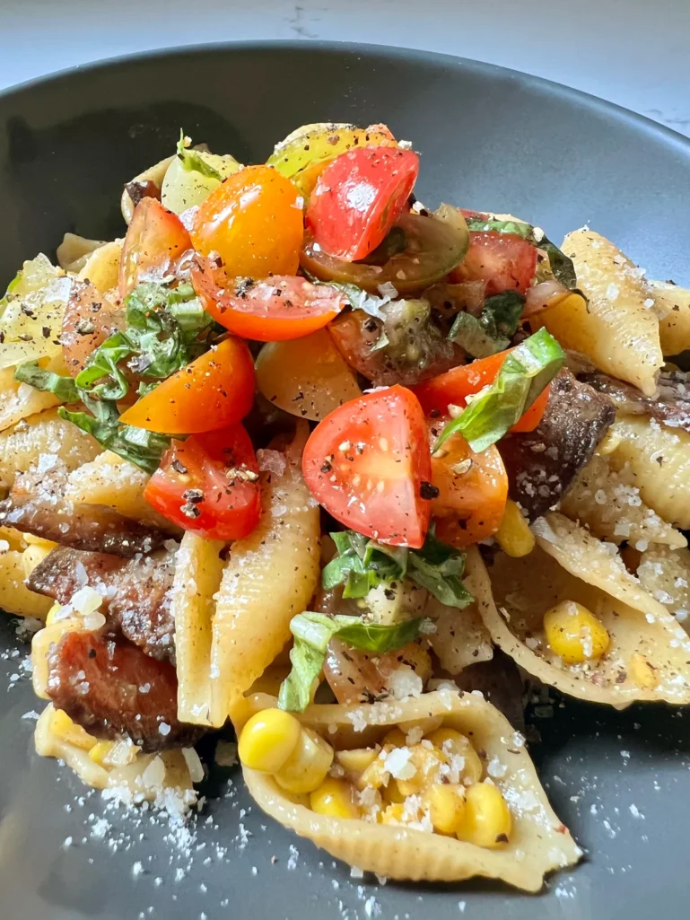 Bacon & Corn Pasta with Tomato Salad