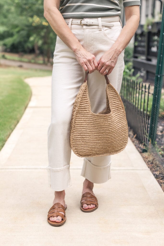 Shop the Look, Petite Fashion, Linen Pants, White Denim, Summer Style, Woven Accessories