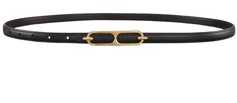 Gold Buckle Skinny Leather Belt – Black