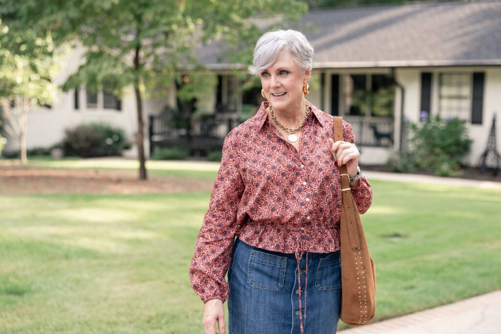 Beth Djalali shows how to style denim skirts for fall with suede shoes and tote.