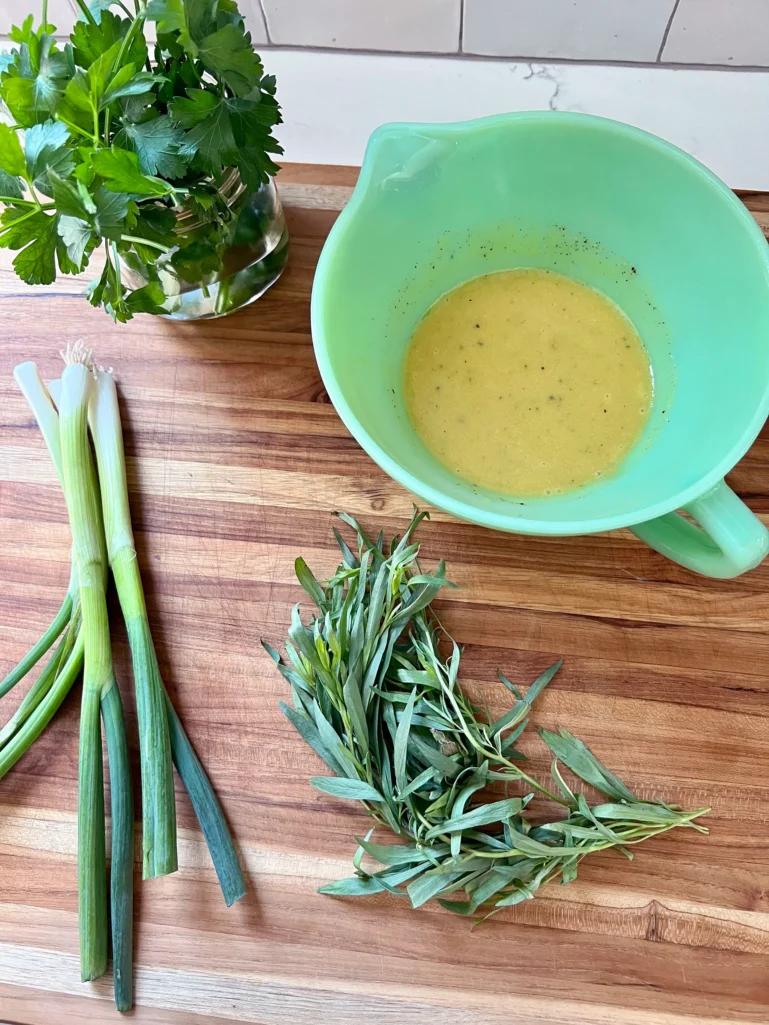 dressing and fresh herbs