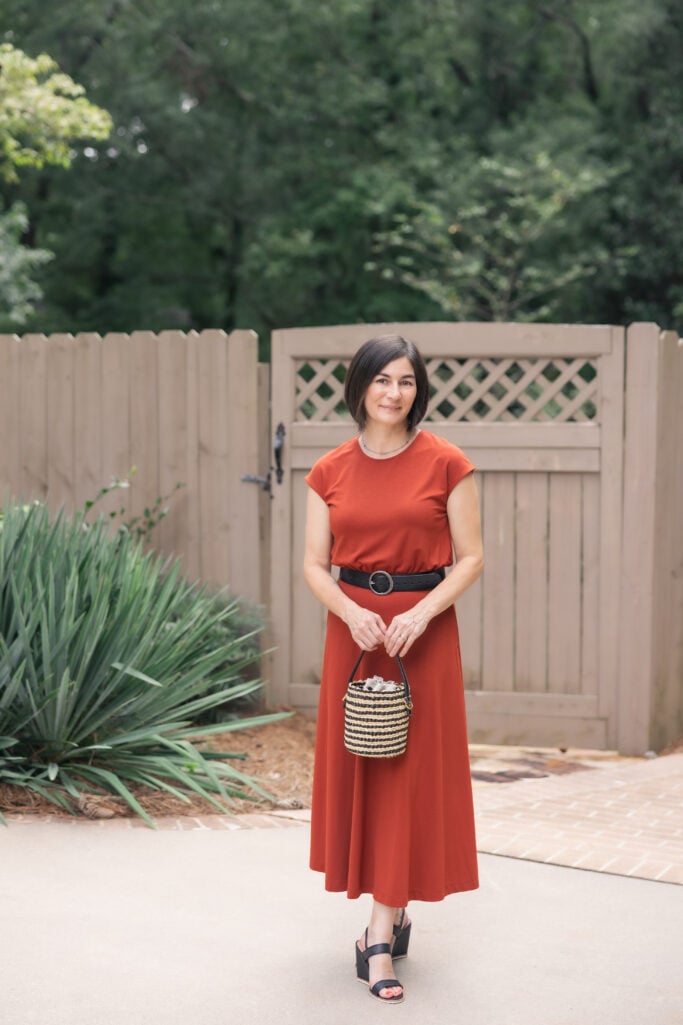 Rust-colored Petite Midi Dress for Summer into Fall Style, Seasonal Transition Outfit for Petites