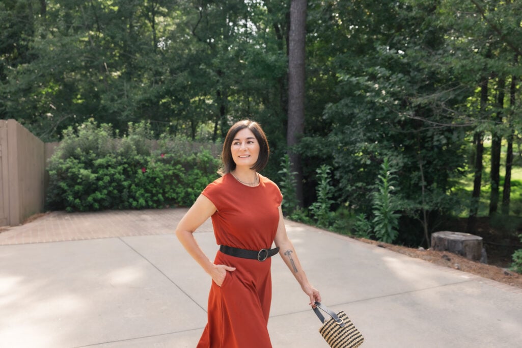 Rust-colored Petite Midi Dress for Summer into Fall Style, Seasonal Transition Outfit for Petites