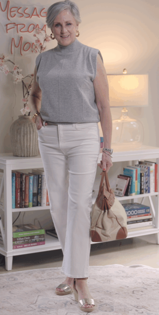 gray-sleeveless-cashmere-sweater-white-denim-outfit-idea