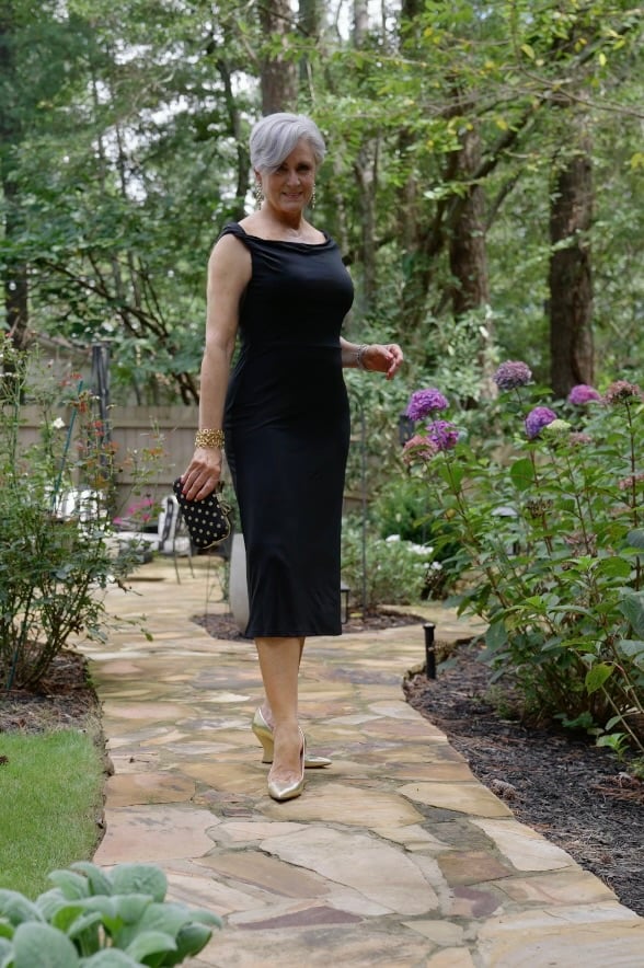 Elegant black dress with wrap and heels, cocktail outfit idea for fall