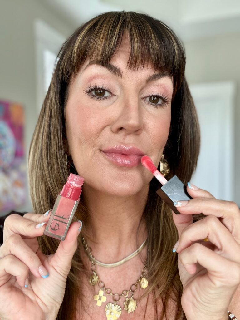 blush, lip gloss, brows, eyes, concealer,  no makeup, 