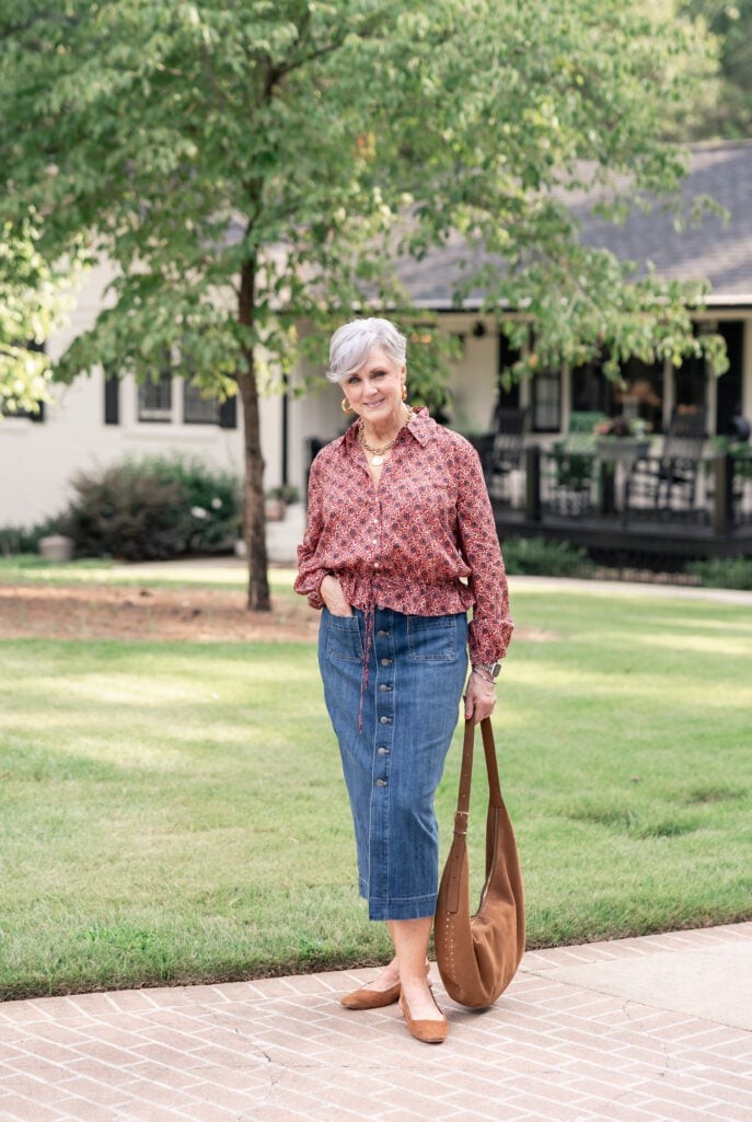 Denim Midi Skirt with Floral top Outfit inspiration