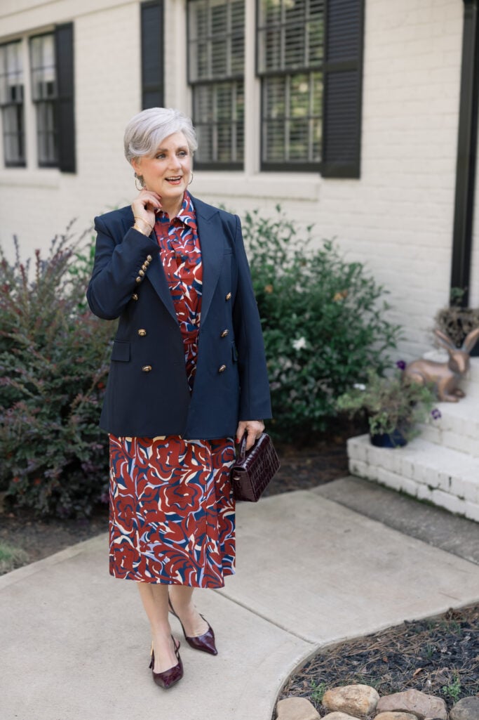 Navy blazer with a stylish wrap dress