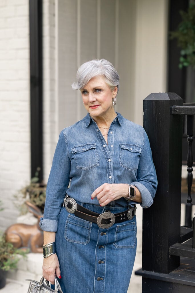 Denim on Denim Midi Skirt, conch belt detail
