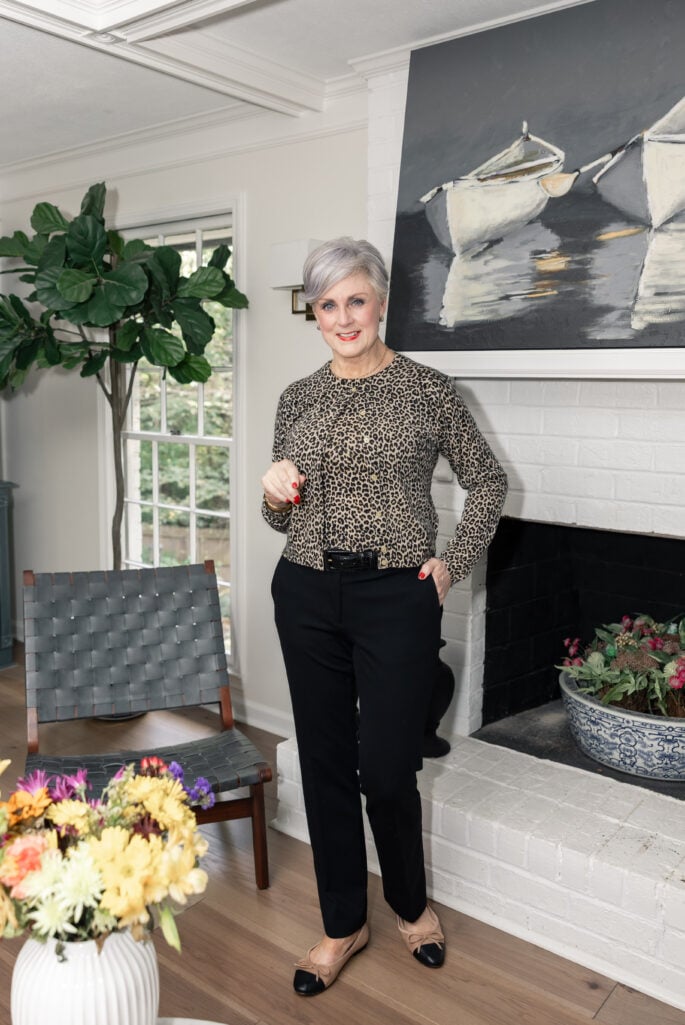 matching sets in animal print outfit with black pants