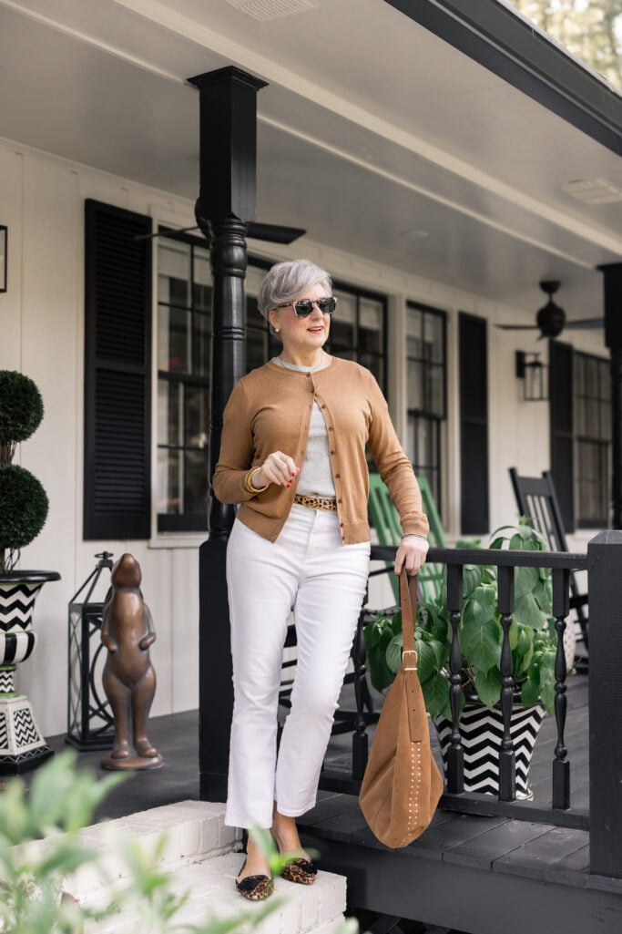 classic preppy outfit styled with animal print accessories