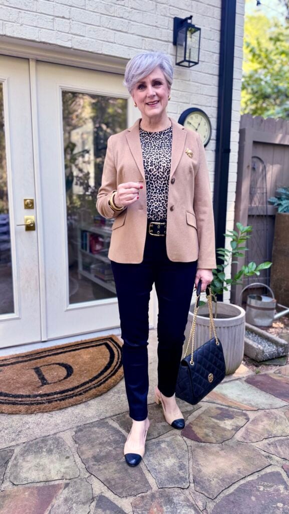 Classic camel blazer with black denim, styled for women over 50