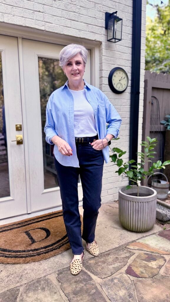 Classic oxford button down with jeans, styled for women over 50