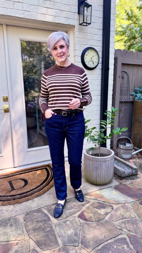 Straight leg denim with striped sweater, styled for women over 50