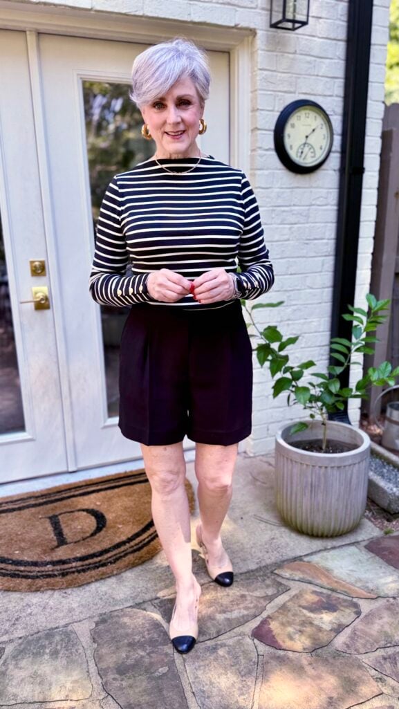 Classic striped boatneck top with trousers, styled for women over 50
