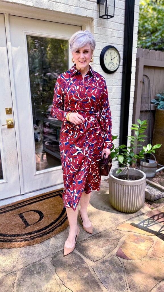 Beth Djalali wearing a wrap dress styled for old money fashion
