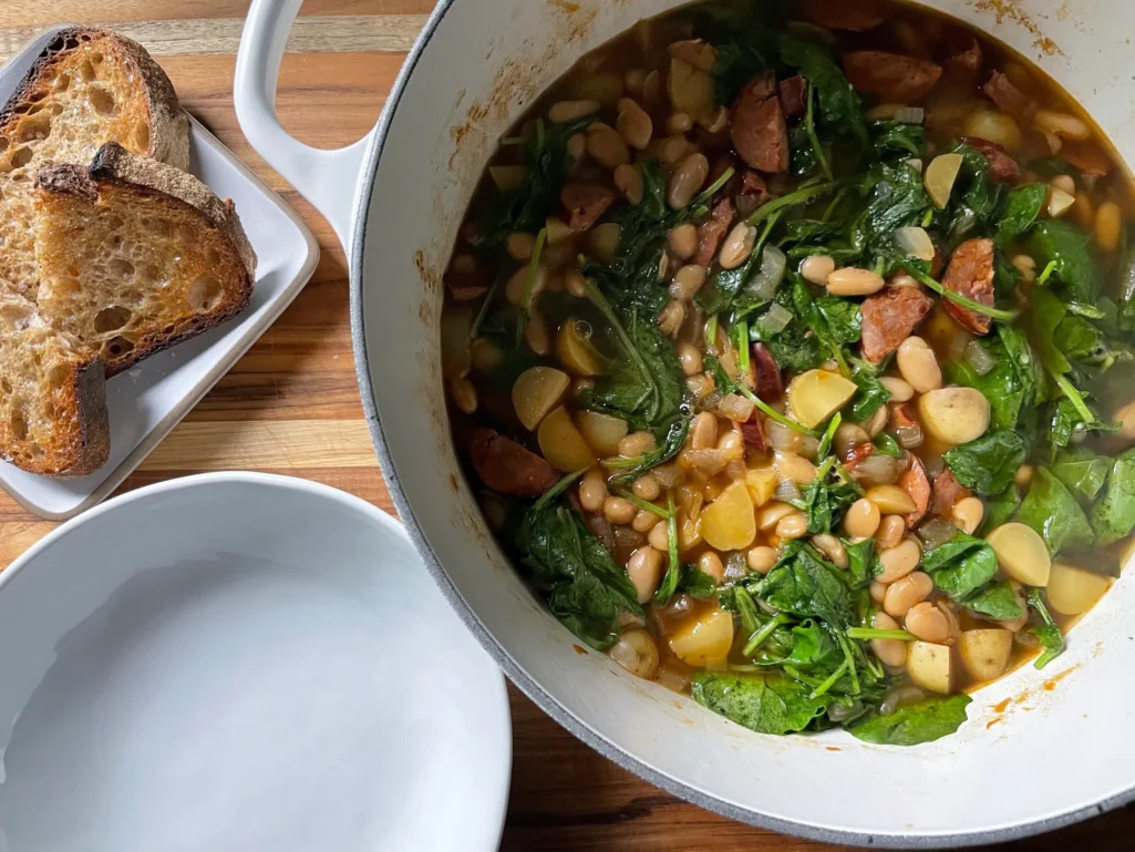 Brothy Beans with Sausage, Potatoes & Kale