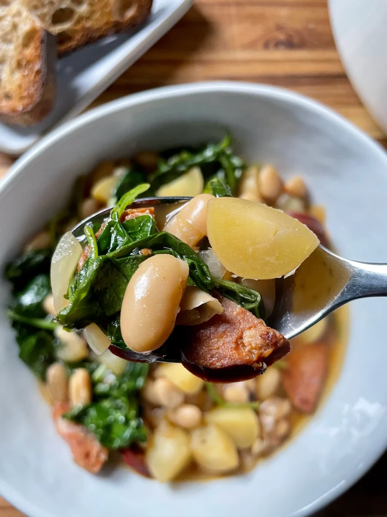 Brothy Beans with Sausage, Potatoes & Kale