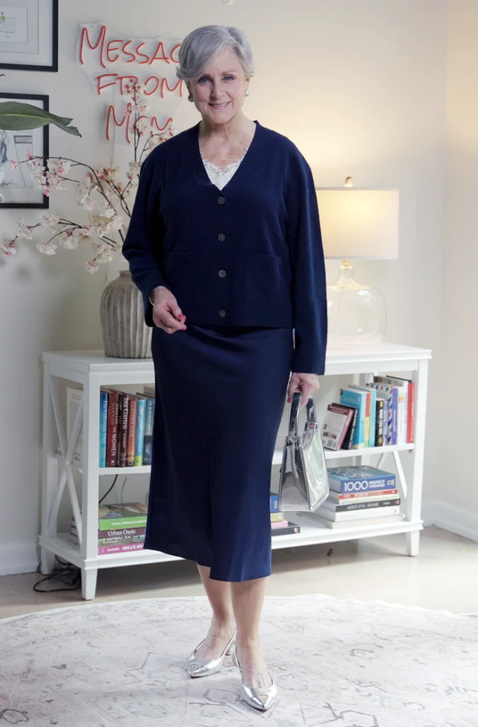 Navy Slip Skirt styled for fall