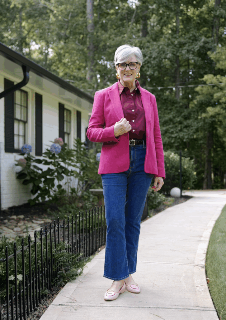 Pink Blazer paired with a burgundy button up, Fall Fashion