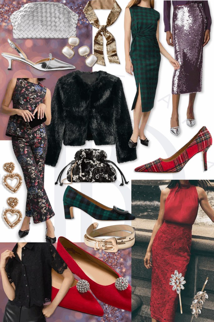 Holiday Glam at Ann Taylor, including faux fur jacket, plaid accessories, and a lace dress