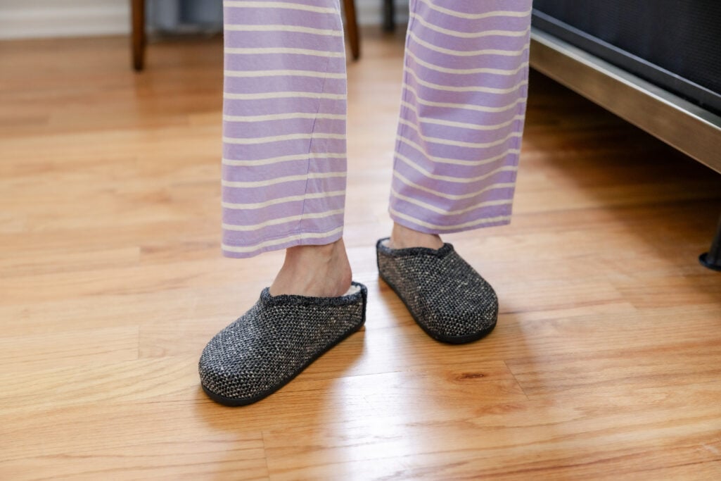 Soft, washable indoor/outdoor slippers paired with winter pajamas.
