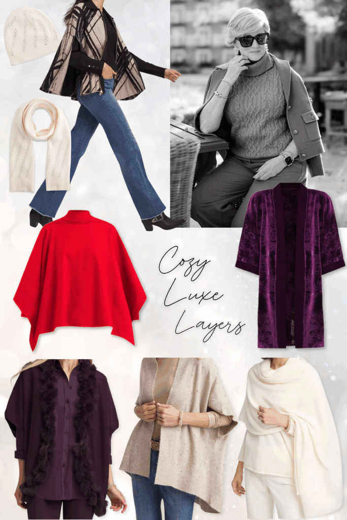Cozy Chico’s ponchos, wraps, and dusters in soft neutrals and jewel tones for holiday layering.