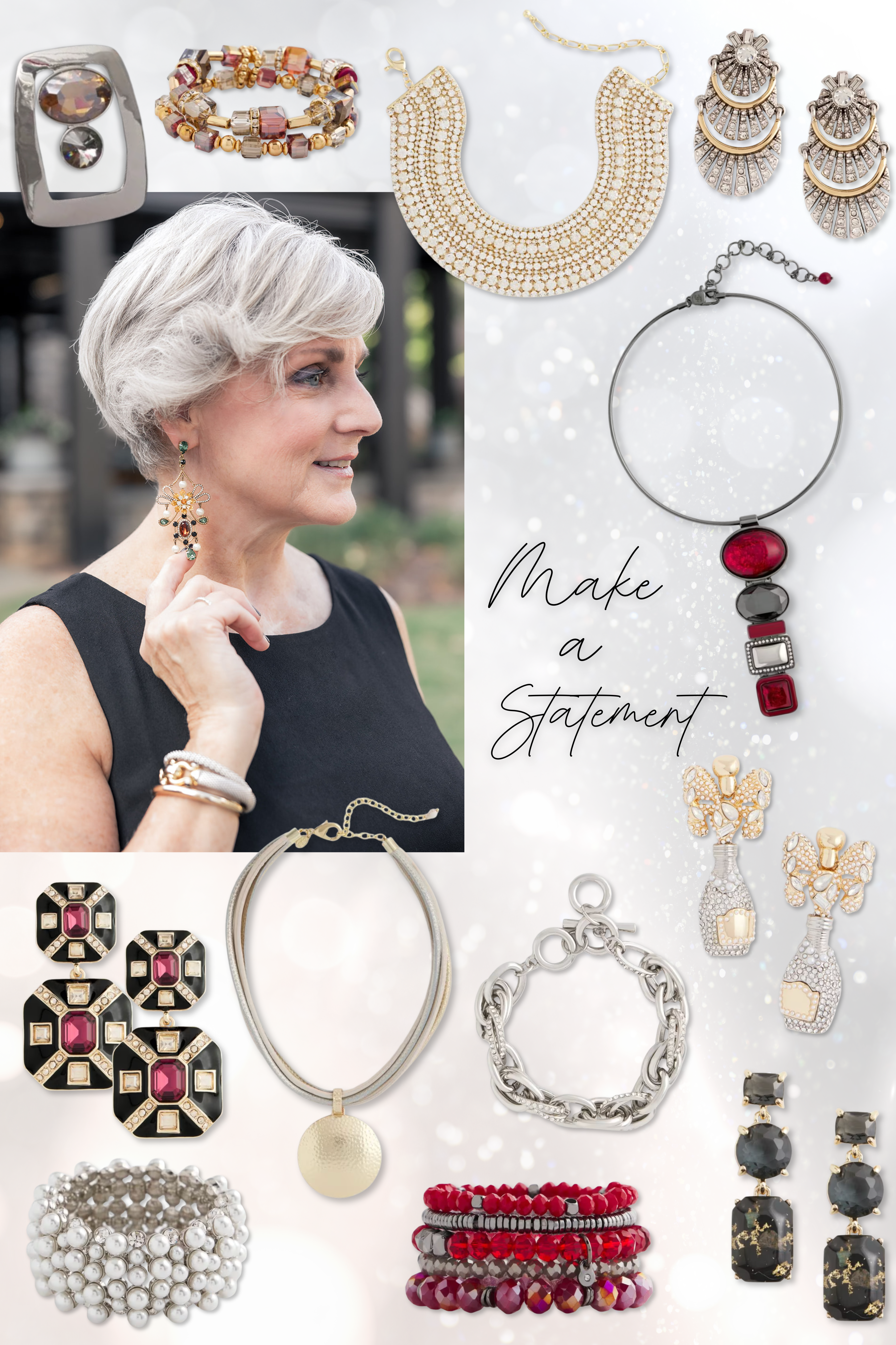 Chico’s statement jewelry for holiday outfits including crystal earrings, gold necklaces, and festive brooches.