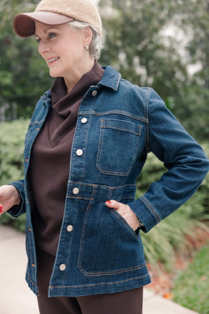 Denim field jacket pocket detail.