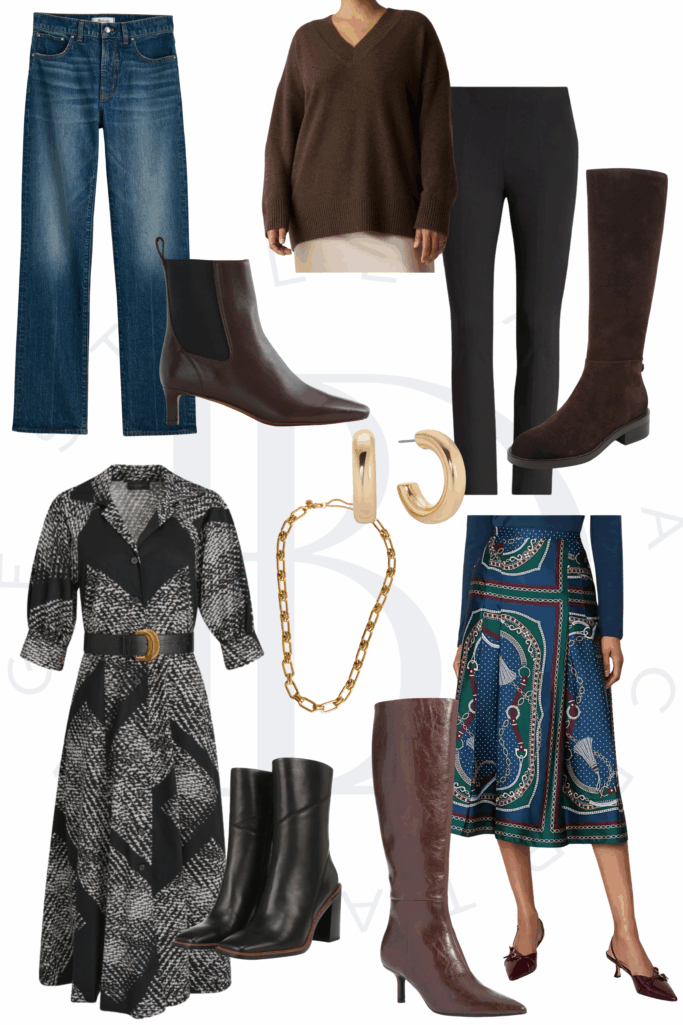Outfit inspiration collage featuring boots, dresses, skirts, jeans, leggings