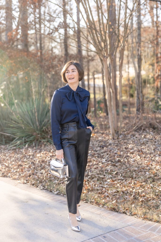 faux leather pants styled for mature women