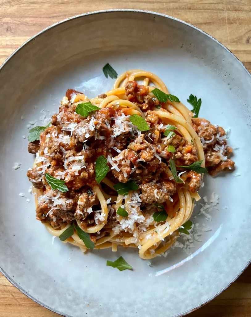 plated Lamb Bolognese with Bucatini