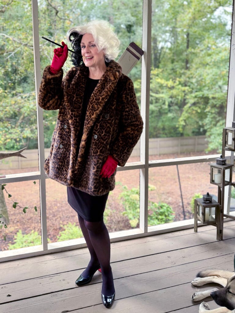 Over 50 Woman wearing a Cruella de Vil Costume