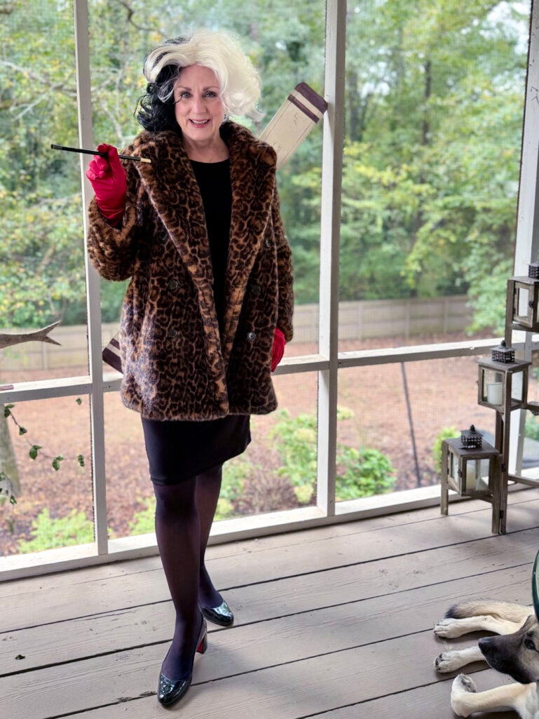 Over 50 Woman wearing a Cruella de Vil Costume