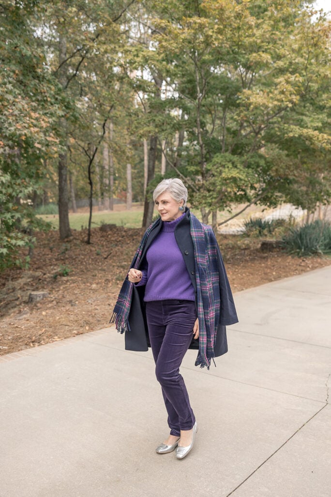 Woman wearing Talbots sweater and corduroy pants