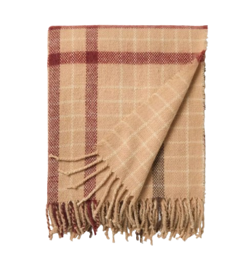 tan plaid lightweight throw blanket with fringe