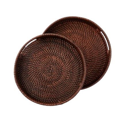 2 dark brown rattan round trays