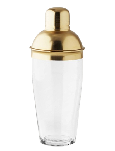 glass and brass cocktail shaker