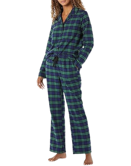 blue and green plaid flannel fall pajama set